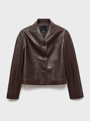 Mango Brown Leather-Effect Jacket With Pockets - Image 5 of 6