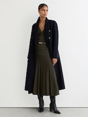 Reiss Khaki Green/Black Alice Knitted Stripe Pleated Midi Skirt - Image 1 of 7