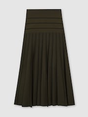 Reiss Khaki Green/Black Alice Knitted Stripe Pleated Midi Skirt - Image 2 of 7