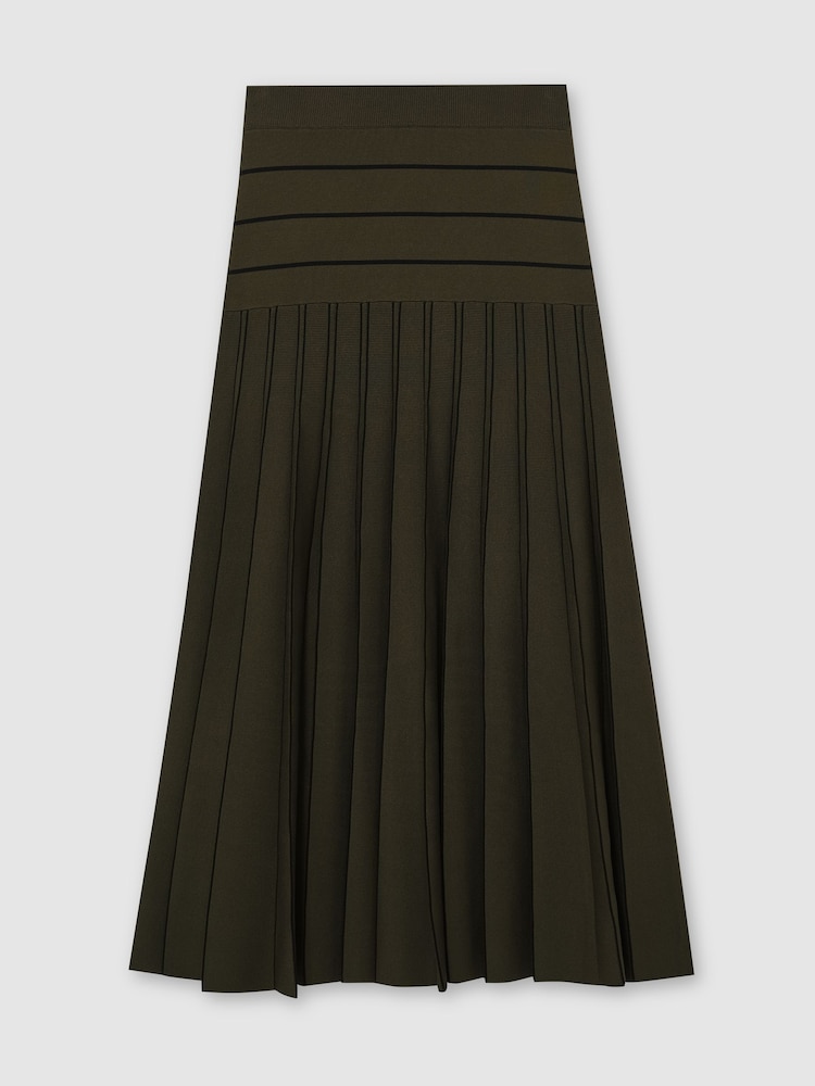 Reiss Khaki Green/Black Alice Knitted Stripe Pleated Midi Skirt - Image 2 of 7