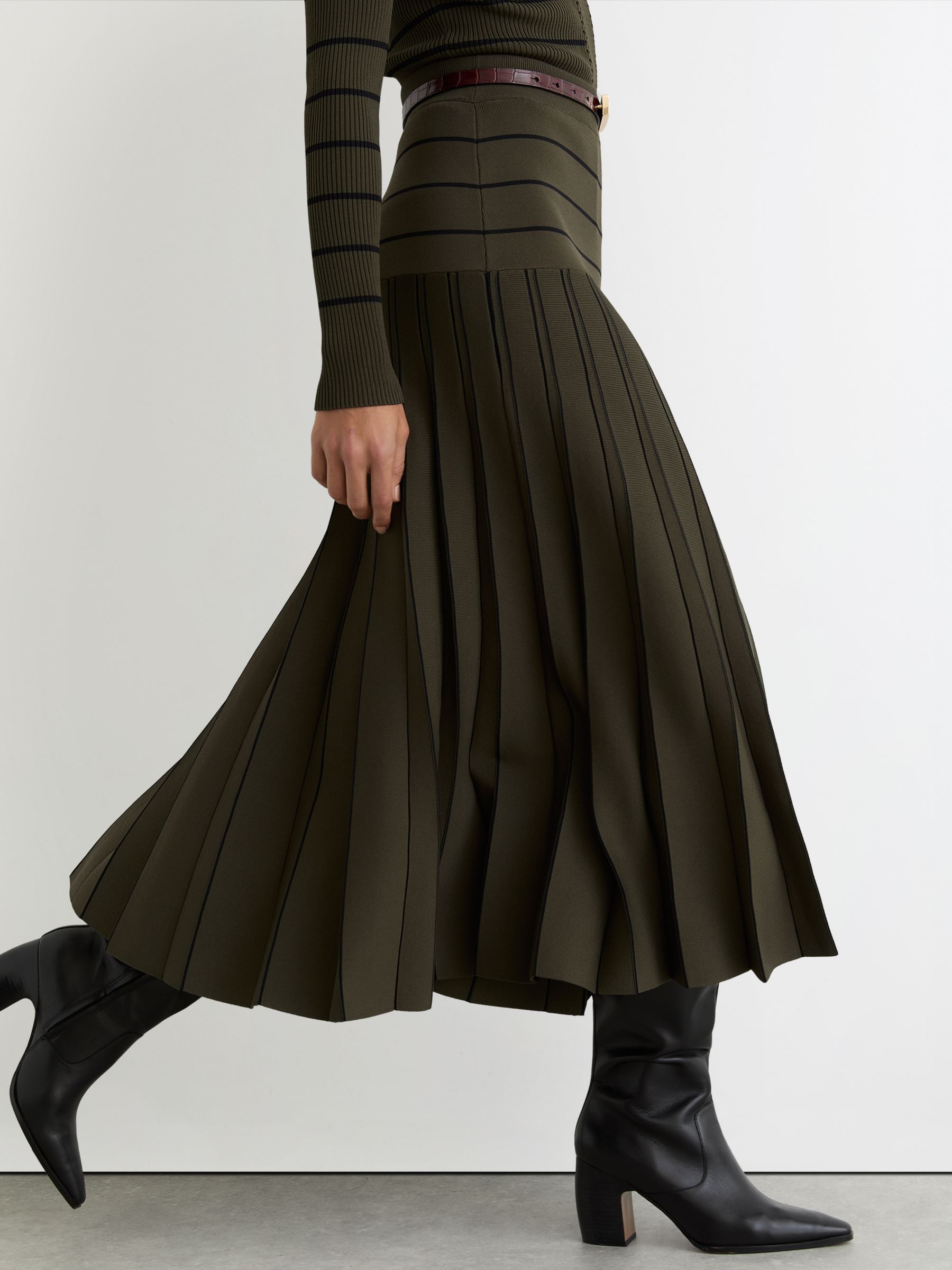 Buy Reiss Khaki Green/Black Alice Knitted Stripe Pleated Midi