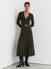 Reiss Khaki Green/Black Alice Knitted Stripe Pleated Midi Skirt - Image 4 of 7