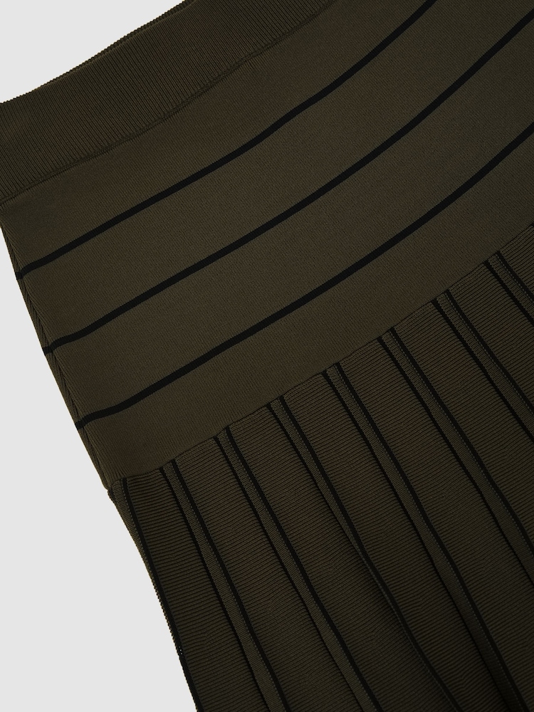 Reiss Khaki Green/Black Alice Knitted Stripe Pleated Midi Skirt - Image 7 of 7