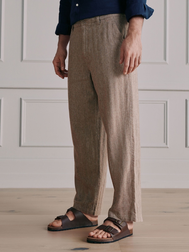 Sand Herringbone - Signature Heritage Linen Rich Trousers - صورة 1 من 6 Sand Herringbone - Signature Heritage Linen Rich Trousers - صورة 1 من 6