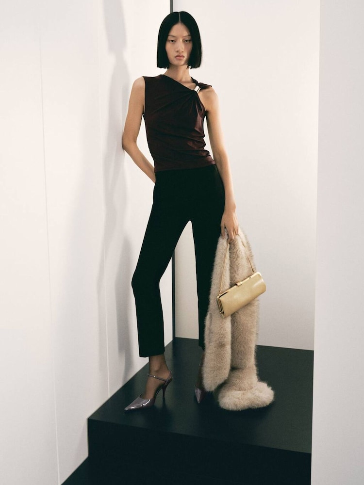 Mango Brown Asymmetric Neckline Top With Metallic Detail - Image 2 of 6 Mango Brown Asymmetric Neckline Top With Metallic Detail - Image 2 of 6
