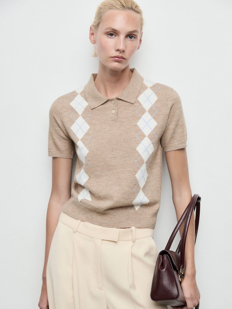 Mango Grey Diamond-Print Polo-Neck Sweater - Image 2 of 6 Mango Grey Diamond-Print Polo-Neck Sweater - Image 2 of 6