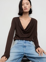 Mango Brown Drape Long Sleeve Fine Knit Top - Image 3 of 6