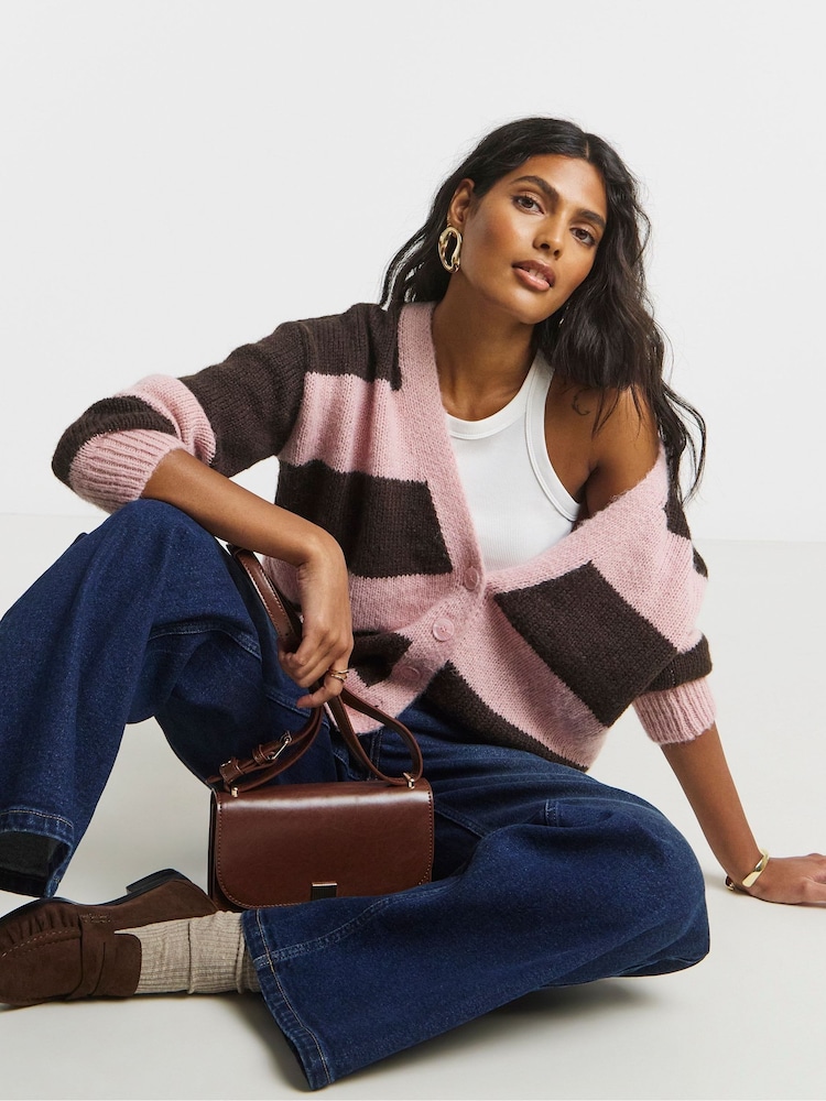Simply Be Pink Fluffy Overstitch Knitted Boyfriend Cardigan - Image 1 of 4