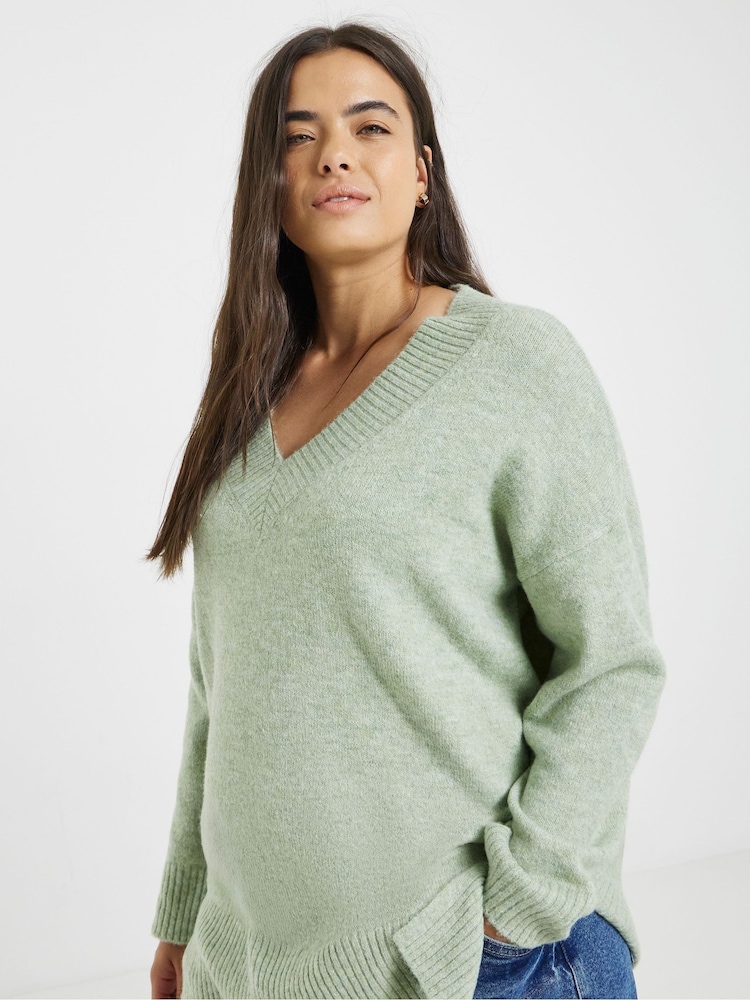 Simply Be Green V-Neck Knitted Tunic - Image 1 of 4 Simply Be Green V-Neck Knitted Tunic - Image 1 of 4