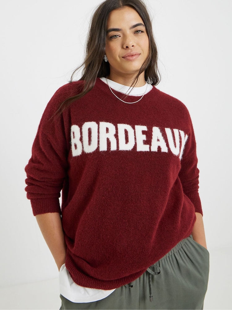 Simply Be Red Slogan Knitted Crew Neck Jumper - Image 1 of 4