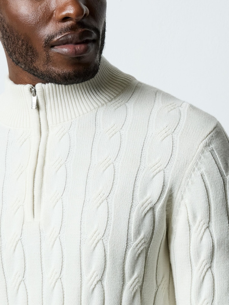 French Connection Natural Cotton Cable Knit ¼ Zip Funnel Neck Jumper - Image 5 of 5 French Connection Natural Cotton Cable Knit ¼ Zip Funnel Neck Jumper - Image 5 of 5