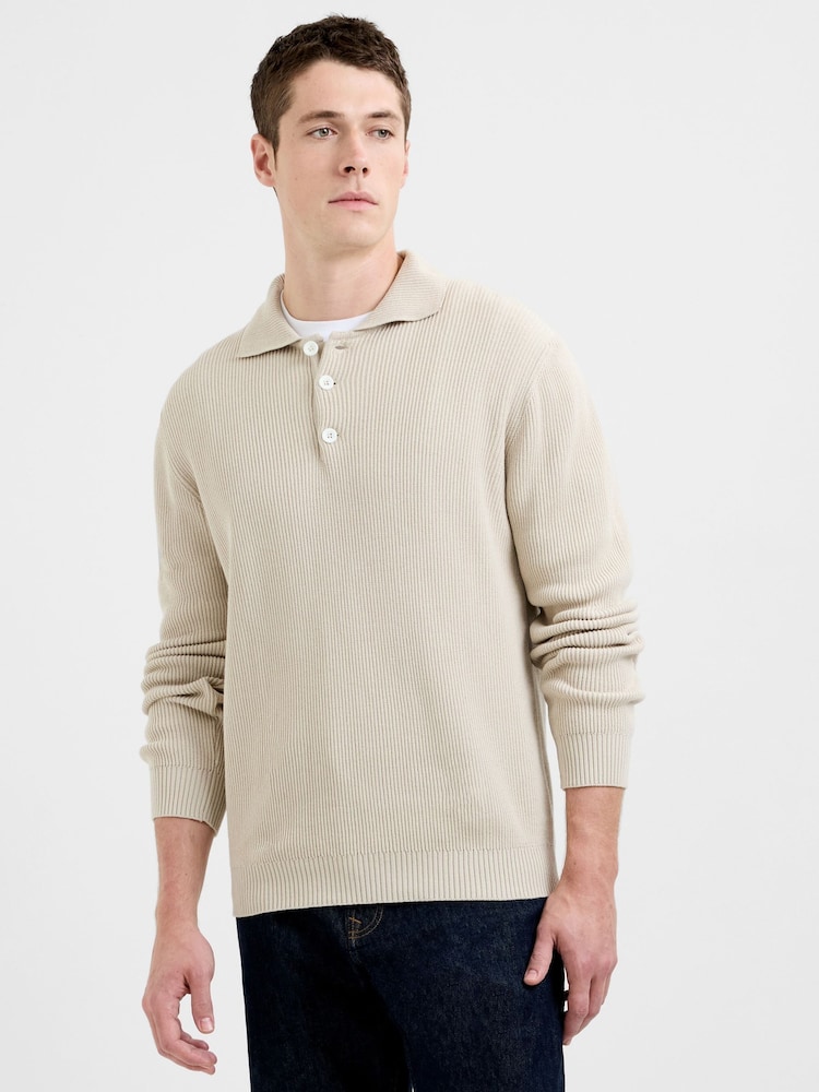 French Connection Natural Cotton Ribbed Heavy Knit Long Sleeve Polo Shirt - Image 1 of 5 French Connection Natural Cotton Ribbed Heavy Knit Long Sleeve Polo Shirt - Image 1 of 5