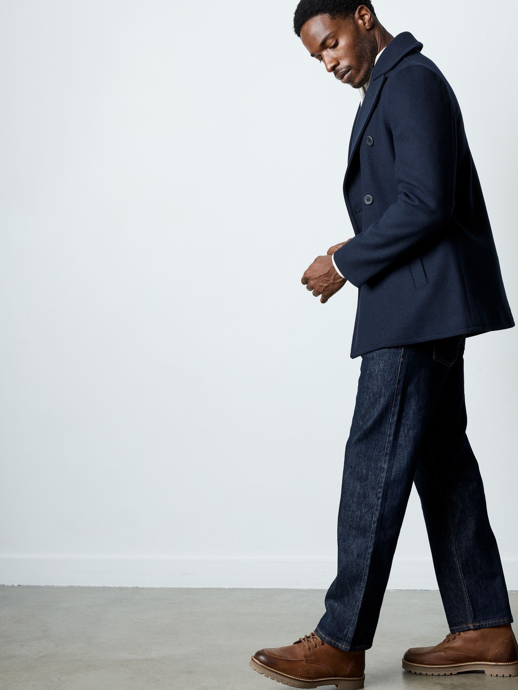 Buy French Connection Blue Wool Blend Double Breasted Peacoat from
