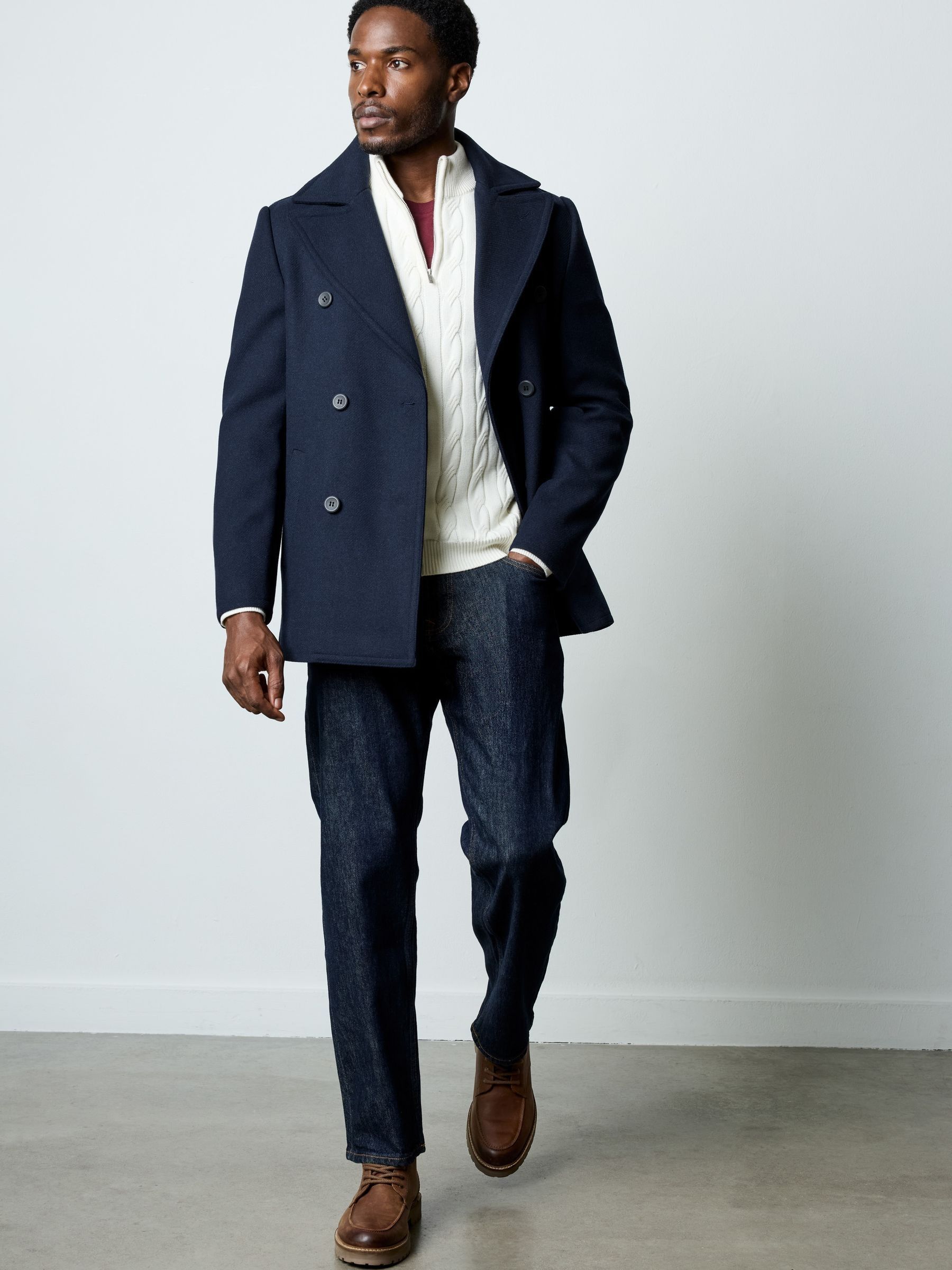Buy French Connection Blue Wool Blend Double Breasted Peacoat from