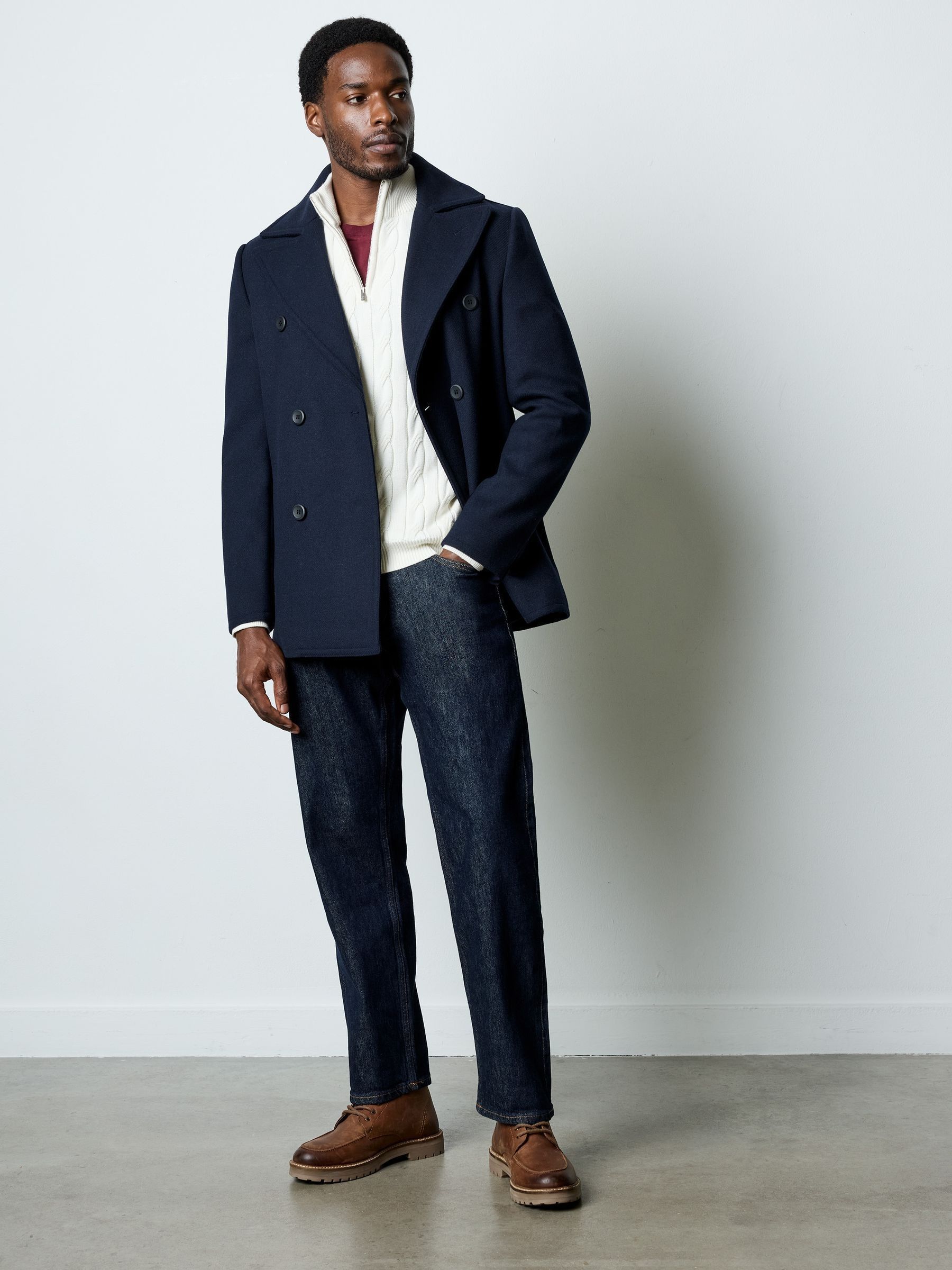 Buy French Connection Blue Wool Blend Double Breasted Peacoat from