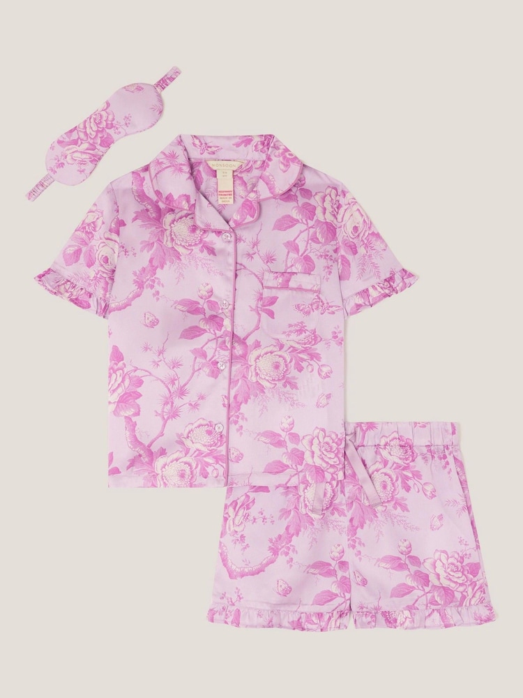Monsoon Purple Floral Satin Short Pyjamas & Sleep Mask Set - Image 1 of 3 Monsoon Purple Floral Satin Short Pyjamas & Sleep Mask Set - Image 1 of 3
