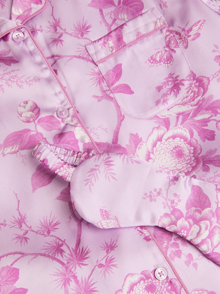 Monsoon Purple Floral Satin Short Pyjamas & Sleep Mask Set - Image 3 of 3