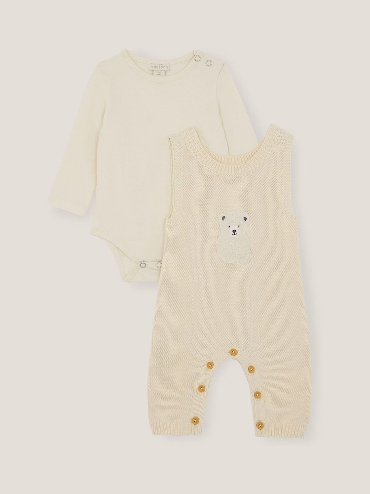 Monsoon Natural Newborn Polar Bear Knitted Dungarees Set - Image 2 of 3