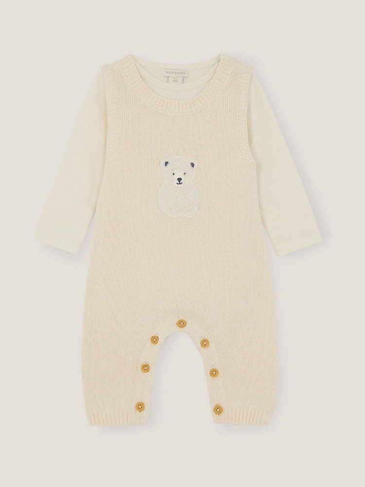 Monsoon Natural Newborn Polar Bear Knitted Dungarees Set - Image 3 of 3 Monsoon Natural Newborn Polar Bear Knitted Dungarees Set - Image 3 of 3