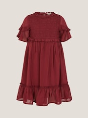 Monsoon Red Frilly Smocked Satin Dress - Image 1 of 3