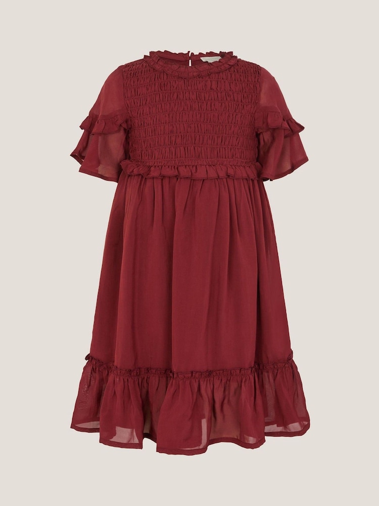 Monsoon Red Frilly Smocked Satin Dress - Image 1 of 3