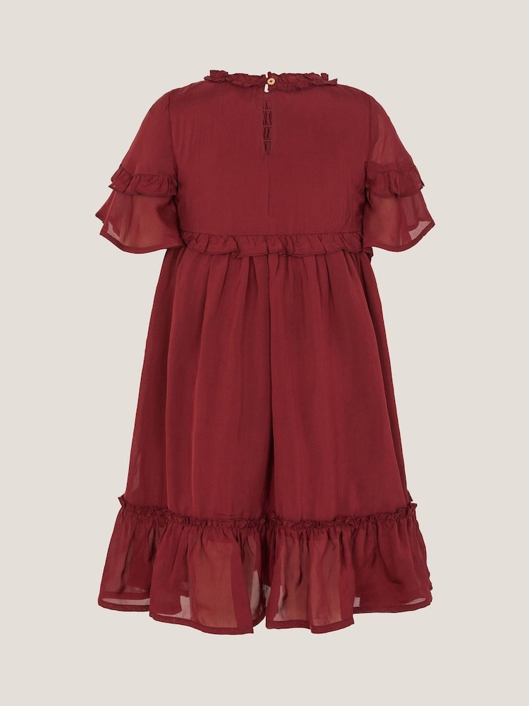 Monsoon Red Frilly Smocked Satin Dress - Image 2 of 3