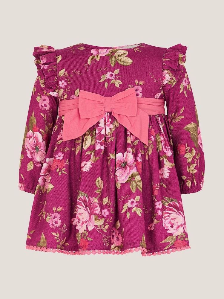 Monsoon Red Floral Bow Long Sleeve Dress - Image 1 of 3