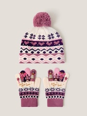 Monsoon Pink Princess Fair Isle Pattern Bobble Hat & Gloves Set - Image 1 of 2