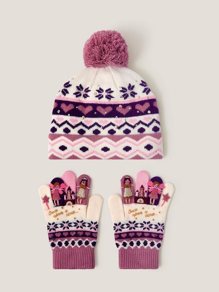 Monsoon Pink Princess Fair Isle Pattern Bobble Hat & Gloves Set - Image 1 of 2