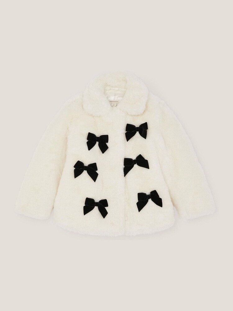 Monsoon Cream Bow Faux Fur Coat - Image 1 of 3