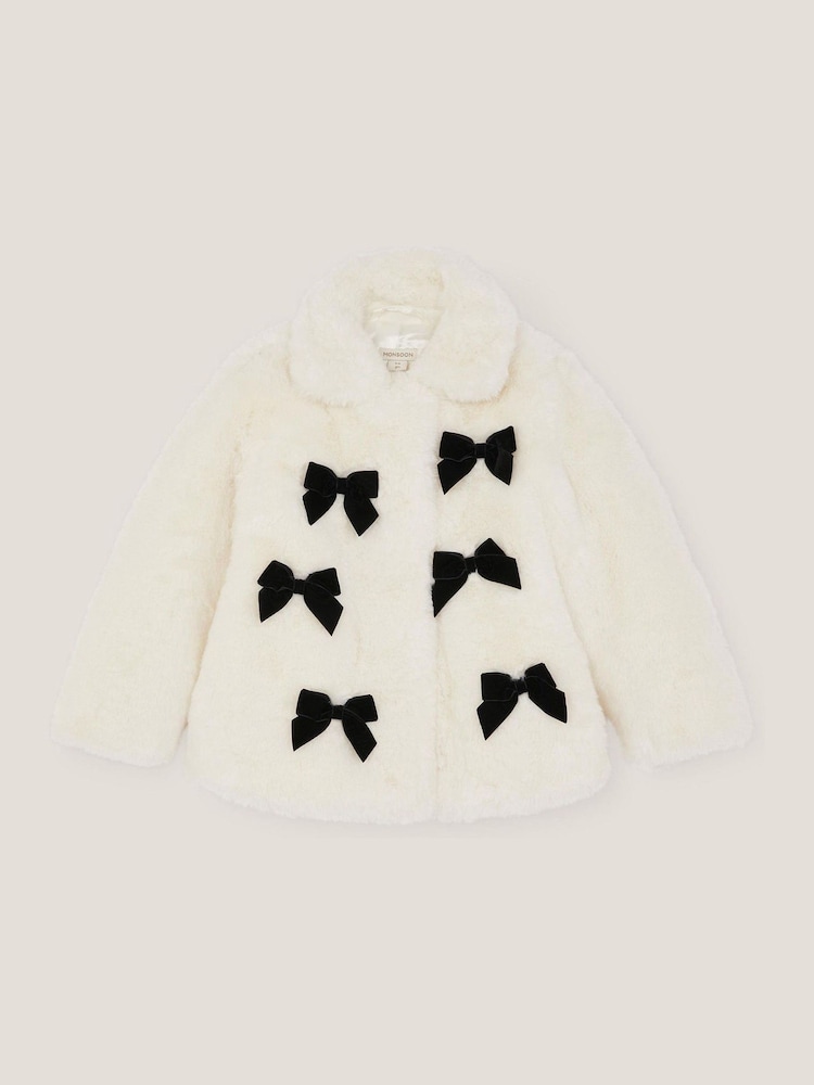 Monsoon Cream Bow Faux Fur Coat - Image 1 of 3 Monsoon Cream Bow Faux Fur Coat - Image 1 of 3