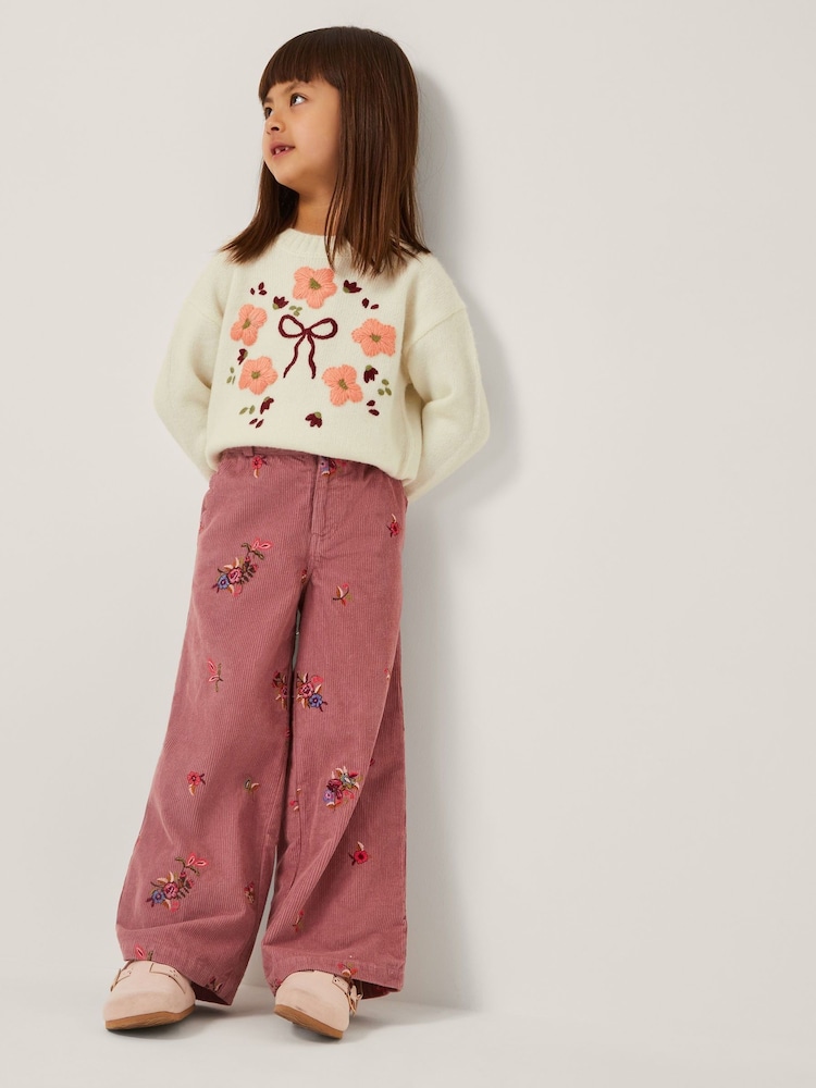Monsoon Pink Embroidered Corduroy Wide Leg Trousers - Image 1 of 1 Monsoon Pink Embroidered Corduroy Wide Leg Trousers - Image 1 of 1