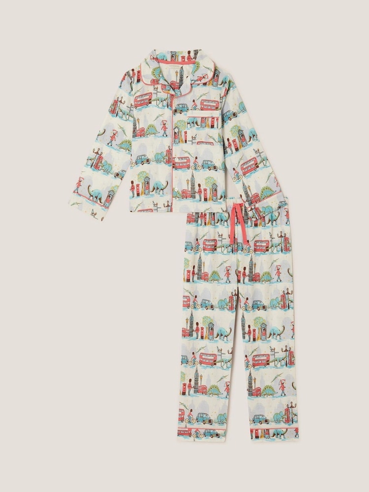 Monsoon Natural Dinosaur London Print Long Pyjamas Set - Image 1 of 3