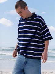 Navy EDIT Horizontal Stripe Oversized Polo Shirt - Image 10 of 16