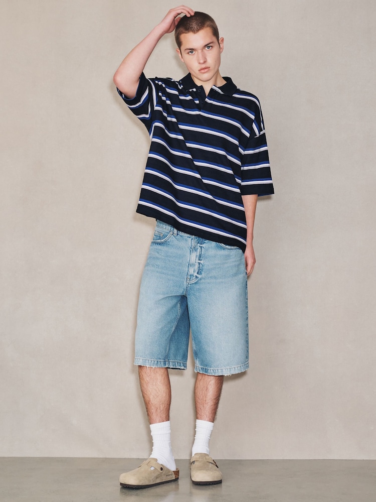 Navy EDIT Horizontal Stripe Oversized Polo Shirt - Image 2 of 16