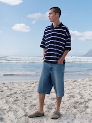 Navy EDIT Horizontal Stripe Oversized Polo Shirt - Image 6 of 16