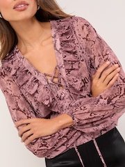 Lipsy Pink Lurex Snake Print Ruffle Blouse - Image 2 of 4