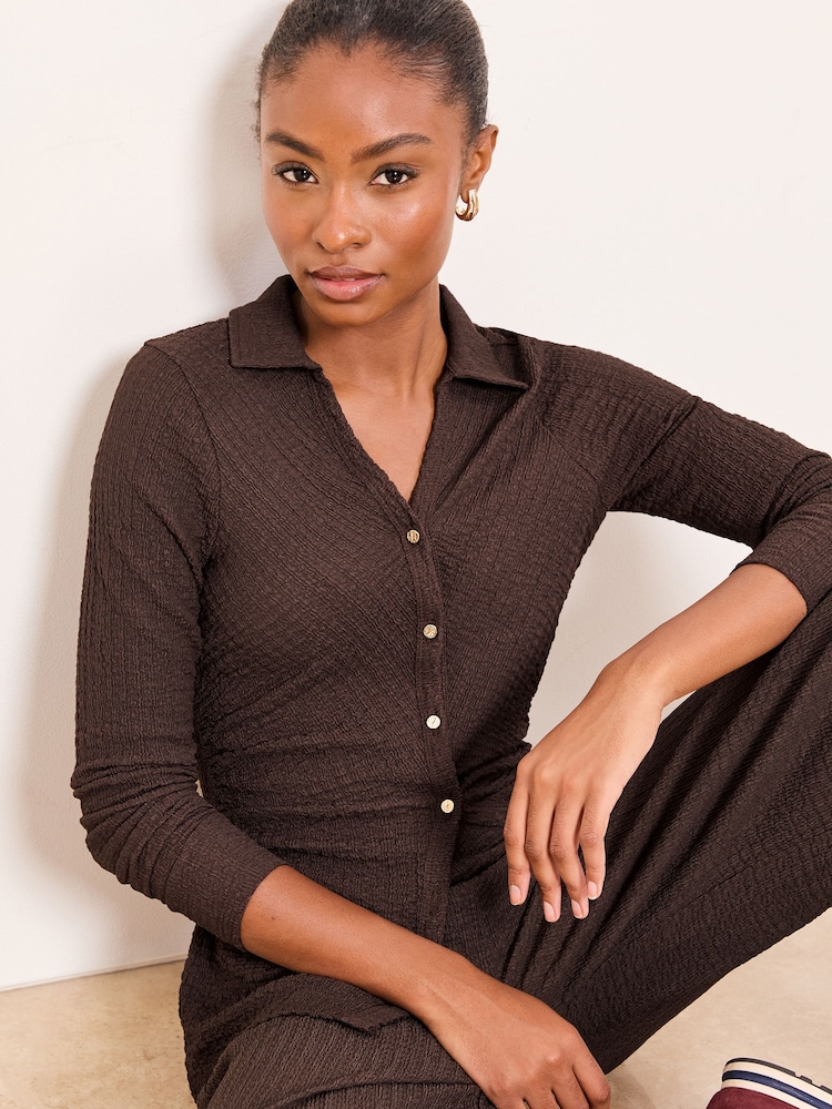 Lipsy Chocolate Brown Crinkle Cinched Waist Shirt - Image 1 of 4