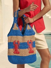 Love & Roses Cobalt Blue Lobster Embroidered Raffia Tote Bag - Image 1 of 7