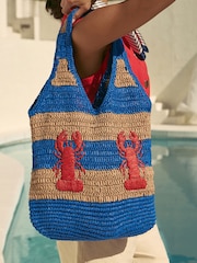 Love & Roses Cobalt Blue Lobster Embroidered Raffia Tote Bag - Image 2 of 7