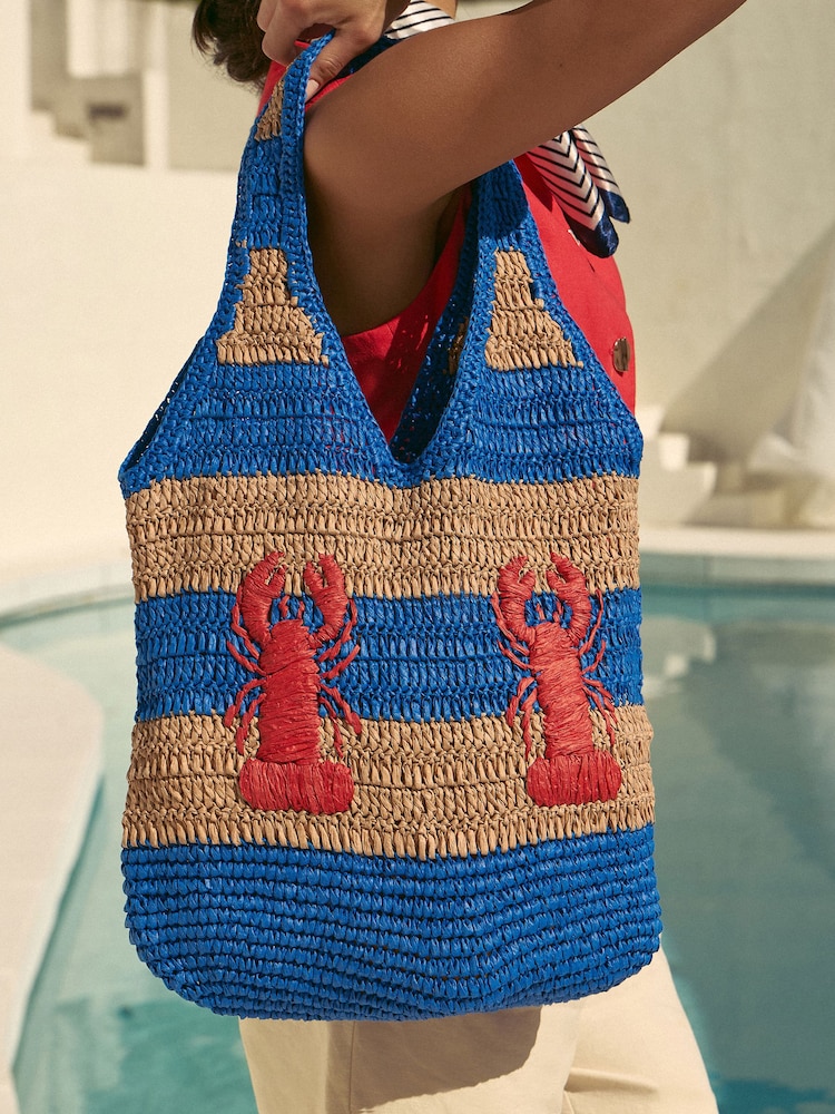 Love & Roses Cobalt Blue Lobster Embroidered Raffia Tote Bag - Image 2 of 7