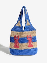 Love & Roses Cobalt Blue Lobster Embroidered Raffia Tote Bag - Image 3 of 7