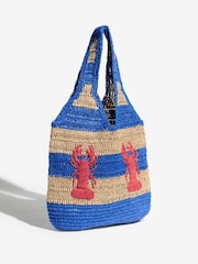 Love & Roses Cobalt Blue Lobster Embroidered Raffia Tote Bag - Image 4 of 7