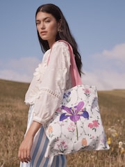 Love & Roses Ivory and Pink Floral Printed Canvas Tote Bag - Image 1 of 5