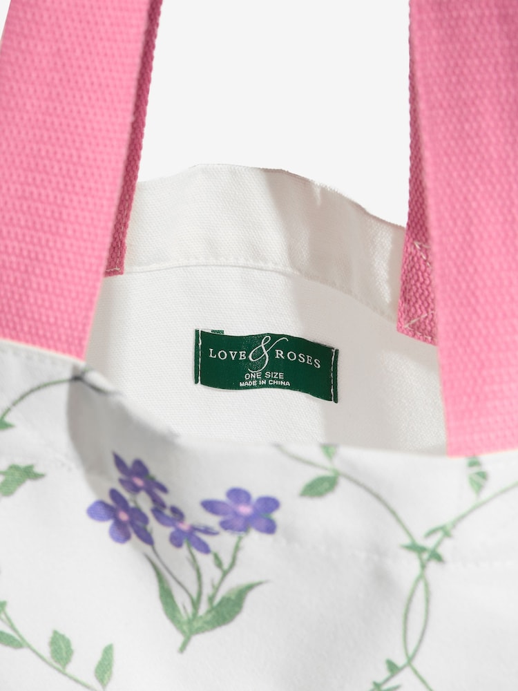 Love & Roses Ivory and Pink Floral Printed Canvas Tote Bag - Image 6 of 6