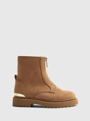 River Island Brown Girls Faux Suede Zip Front Boots - Image 1 of 5