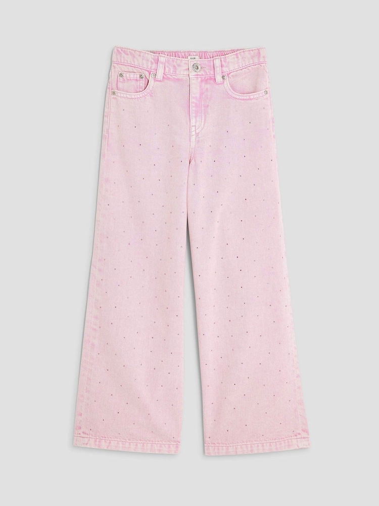 River Island Pink Girls Acid Wash Embellished Wide Leg Jeans - Image 1 of 4