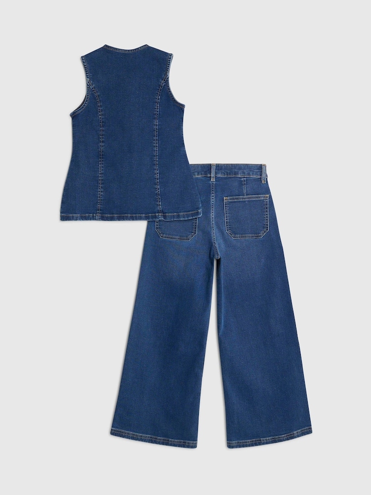 River Island Blue Girls Mid Wash Wide Leg & Waistcoat Set - Image 2 of 5 River Island Blue Girls Mid Wash Wide Leg & Waistcoat Set - Image 2 of 5