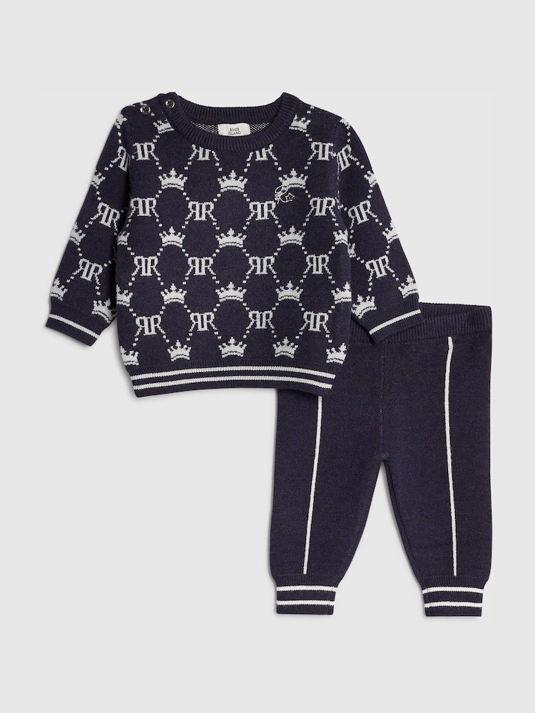 River Island Blue Baby Boys RI Monogram Jumpers and Trousers Set - Image 1 of 5