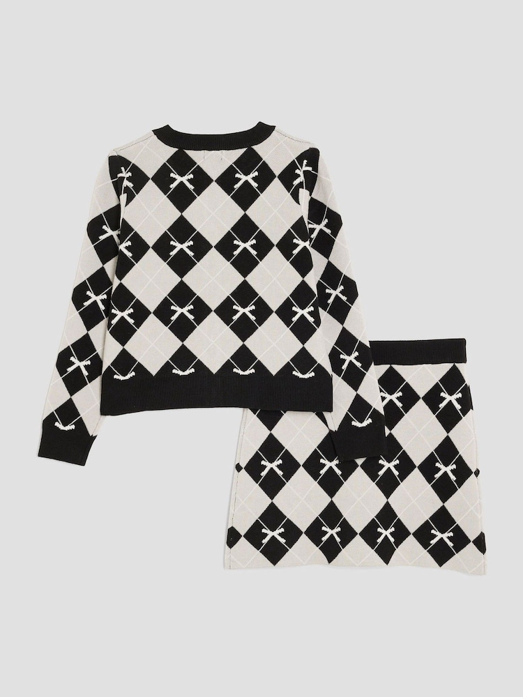 River Island Black Girls Argyle Cardigan and Skirt Set - Image 2 of 5